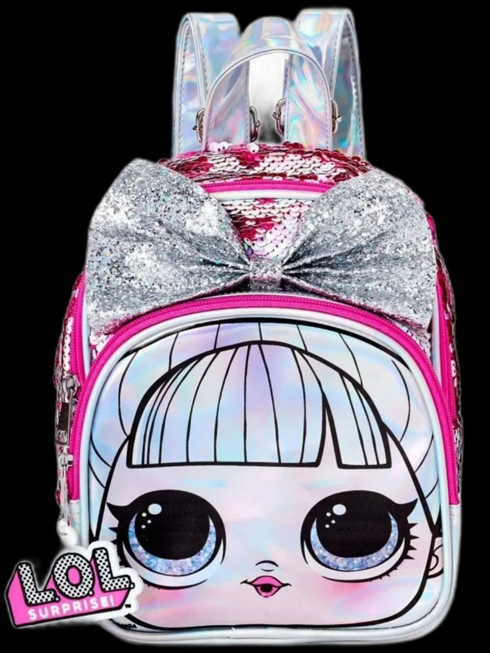 LOL Surprise Girls Flip Sequin Mini Backpack Pink Silver Bow Keychain NWT
